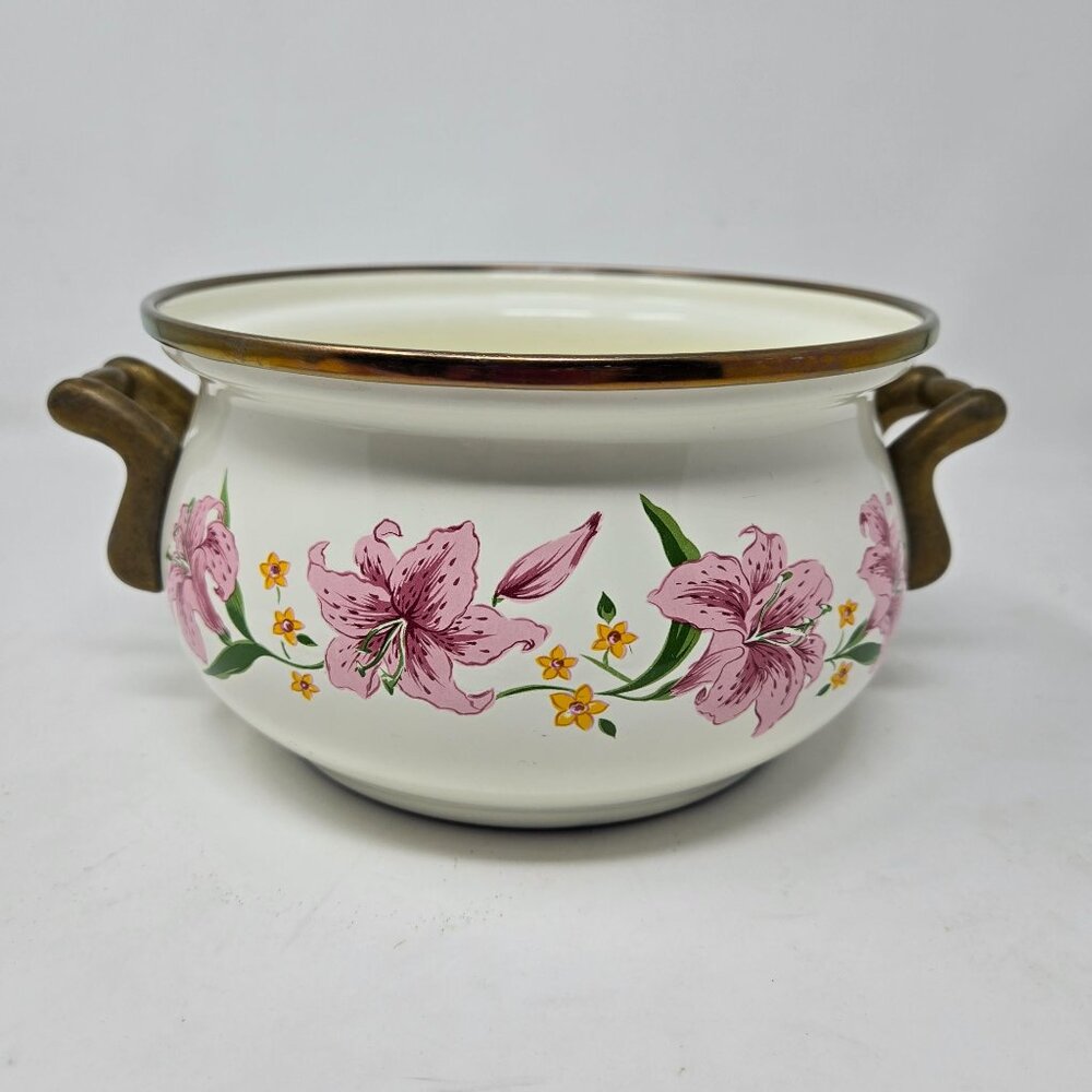 Normandy‎ Taiwan Vintage Lily Floral Enamelware Soup Tureen Pot With Lid & Brass - Picture 8 of 10